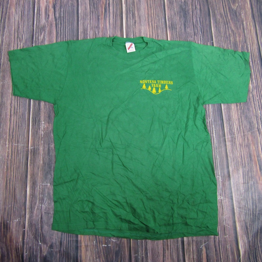 Vintage Montana Timbers Farm Shirt Mens XL Green Jerzees Made USA Trees 90s